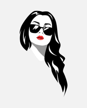 portrait of a beauty woman with long wavy hair and wear sunglasses. isolated white background. vector monochrome illustration.
