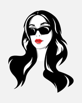 portrait of a beauty woman with long wavy hair and wear sunglasses. isolated white background. vector monochrome illustration.