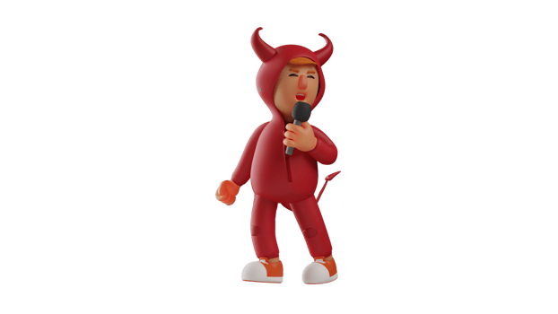 3D illustration. Talented Devil 3D Cartoon Character. Cute devil is holding a microphone and singing. The little devil loves to sing. The devil sings with passion. 3d cartoon character png