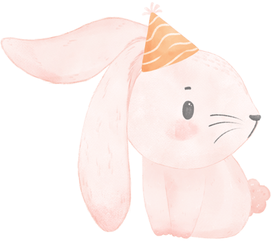 Adorable whimsical happy baby pink bunny rabbit with colourful party hat, children watercolor illustration png