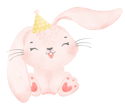 Adorable whimsical happy baby pink bunny rabbit with colourful party hat, children watercolor illustration png