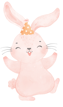 Adorable whimsical happy baby pink bunny rabbit with colourful party hat, children watercolor illustration png