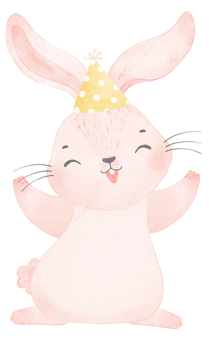 Adorable whimsical happy baby pink bunny rabbit with colourful party hat, children watercolor illustration png