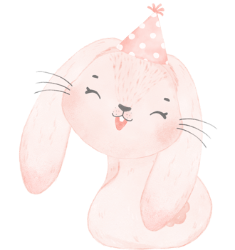 Adorable whimsical happy baby pink bunny rabbit with colourful party hat, children watercolor illustration png