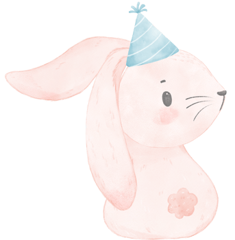 Adorable whimsical happy baby pink bunny rabbit with colourful party hat, children watercolor illustration png