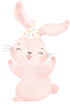 Adorable whimsical happy baby pink bunny rabbit with colourful party hat, children watercolor illustration png