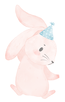 Adorable whimsical happy baby pink bunny rabbit with colourful party hat, children watercolor illustration png
