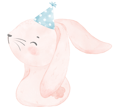 Adorable whimsical happy baby pink bunny rabbit with colourful party hat, children watercolor illustration png