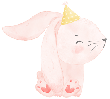 Adorable whimsical happy baby pink bunny rabbit with colourful party hat, children watercolor illustration png