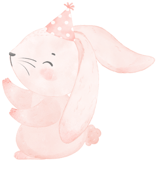 Adorable whimsical happy baby pink bunny rabbit with colourful party hat, children watercolor illustration png