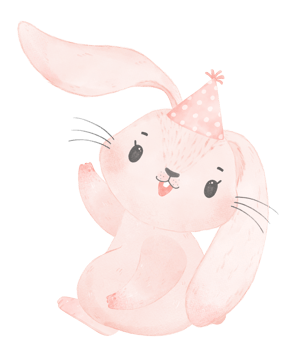 Adorable whimsical happy baby pink bunny rabbit with colourful party hat, children watercolor illustration png