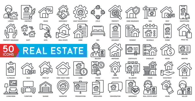 real estate icons vector house, estate document, rent signboard, sold, apartments, search, home protect