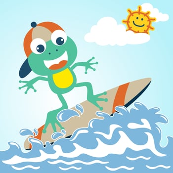 Vector illustration of funny frog in surfing at summer holiday