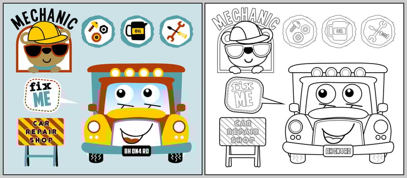 funny car with cute bear cartoon, auto repair shop element, coloring book or page vector