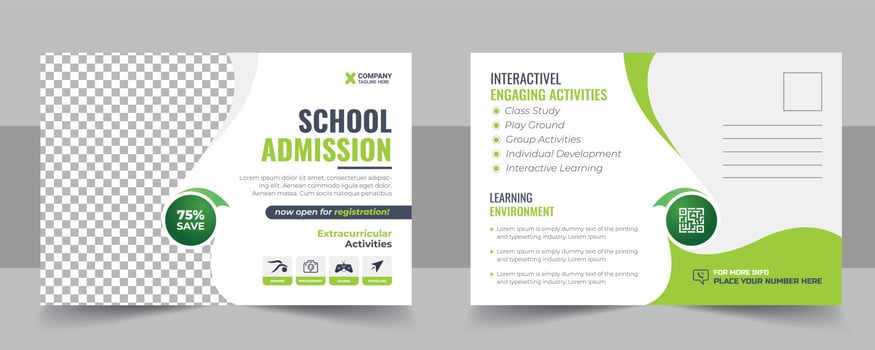 Kids back to school education admission postcard template. Modern professional school admission postcard template design vector