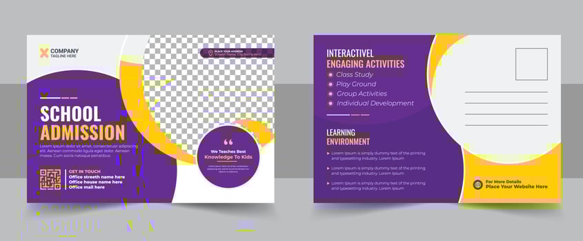 Kids back to school education admission postcard template. Modern professional school admission postcard template vector