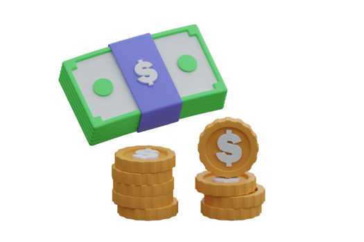 Bundle of cash and stacks of coins. 3D render illustration. png