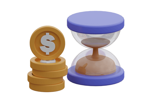 3D illustration money and hourglass. Time is money, business and finance concept. png