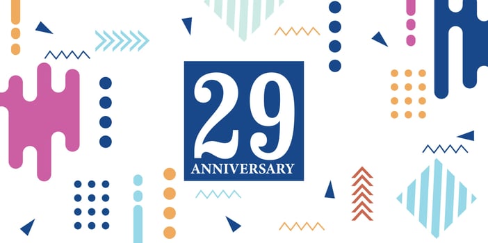 29 years anniversary celebration logotype white numbers font in blue shape with colorful abstract design on white background vector illustration