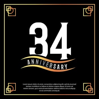 34 year anniversary logo design white golden abstract on black background with golden frame template illustration vector