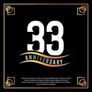 33 year anniversary logo design white golden abstract on black background with golden frame template illustration vector