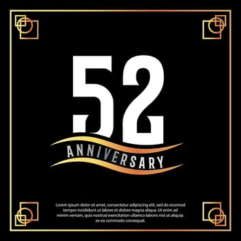 52 year anniversary logo design white golden abstract on black background with golden frame template illustration vector