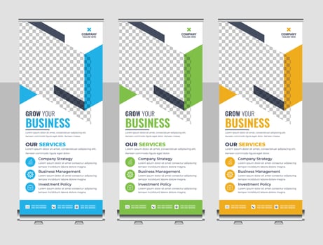 Corporate rollup banner, pull up, business flyer, display, x-banner, and flag-banner Set vector
