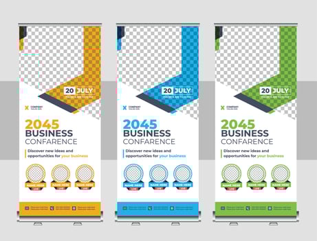 Corporate rollup banner, pull up, business flyer, display, x-banner, and flag-banner Set vector