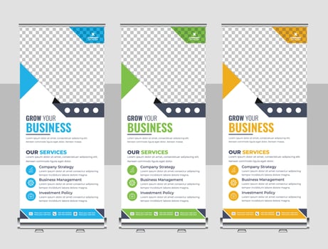 Corporate rollup banner, pull up, business flyer, display, x-banner, and flag-banner Set vector