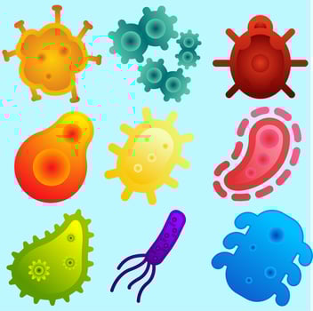 Virus and bacteria vector illustration set. Microorganism illustration of coronavirus, pandemic, outbreak or quarantine. Covid-19 illustration regarding virus, infection, bacteria, germ and illness
