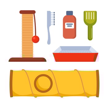 Cat accessories. Cats supplies, pet shop equipment, toys. Pet care equipment. Vector illustration.