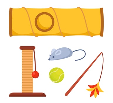 Cat toys. Pet care equipment set. Vector illustration.