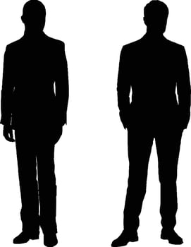 Vector silhouette of two men standing, people, black color, isolated on white background