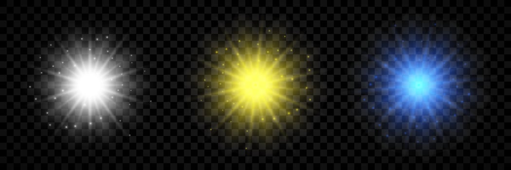 Light effect of lens flares. Set of three white, yellow and blue glowing lights starburst effects with sparkles vector
