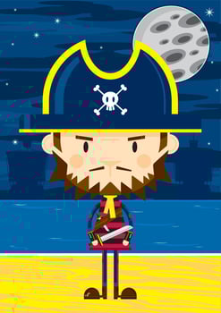 Cute Cartoon Swashbuckling Pirate Captain with Sword on the Beach by Moonlight vector