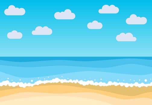 Vector landscape with summer beach. Waves of the sandy beach, blue sky and sea. Landscape vector illustration.