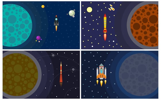 Set of four vector illustration with flying rocket. Space travel.