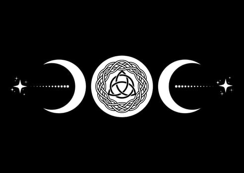 Triple Moon Religious wiccan sign. Wicca Triquetra logo Neopaganism symbol, celtic knot Triple Goddess icon tattoo, Goddess of the Moon, Crescent, half, full moon vector isolated on black background