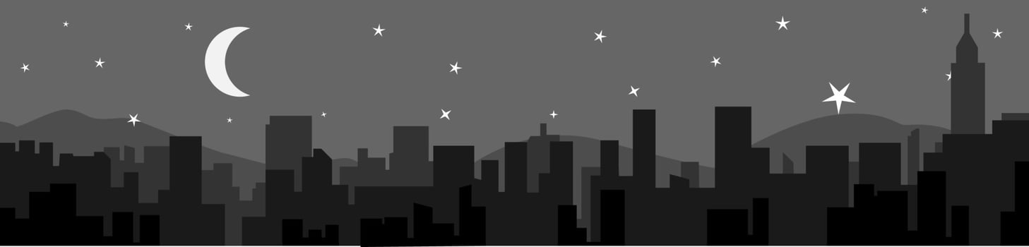 city landscape at night. silhouettes of skyscrapers, urban buildings, crescent moon and stars. vector illustration.