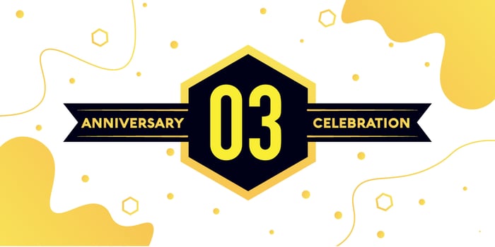 03 years anniversary logo vector design with yellow geometric shape with black and abstract design on white background template