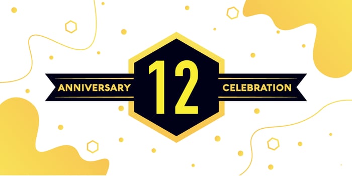 12 years anniversary logo vector design with yellow geometric shape with black and abstract design on white background template