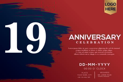 19 years anniversary celebration vector with blue brush isolated on red background with text template design