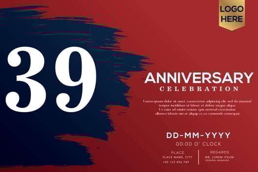 39 years anniversary celebration vector with blue brush isolated on red background with text template design