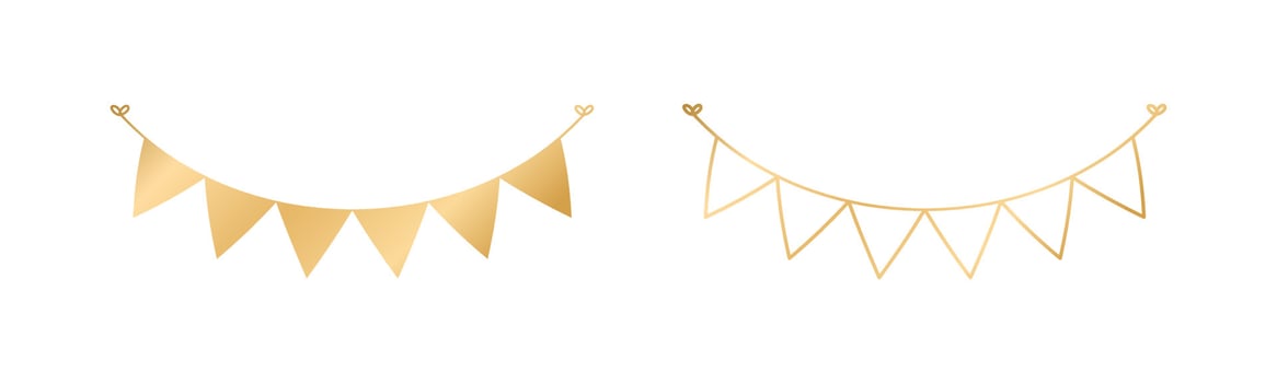 Golden Flags Garland set, Festive Birthday, Christmas Party celebration, Hanging buntings garlands vector illustration