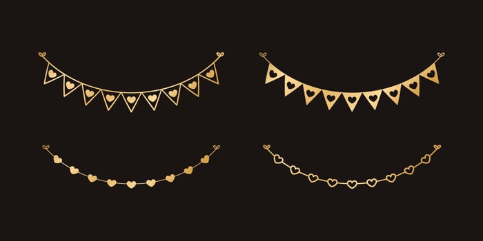 Golden Flags with Heart Pattern set. Festive Birthday, Valentines Party celebration. Hanging buntings garlands vector illustration
