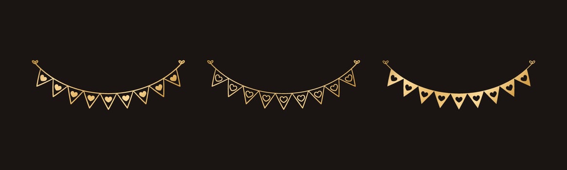 Golden Flags with Heart Pattern set. Festive Birthday, Valentines Party celebration. Hanging buntings garlands vector illustration