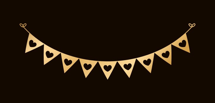 Golden Flags with Heart Pattern. Festive Birthday, Valentines Party celebration. Hanging buntings garlands vector illustration