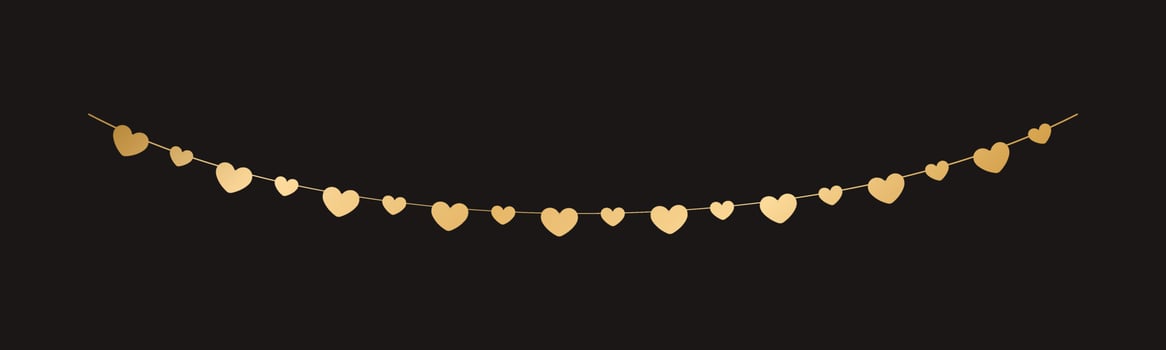 Gold Hearts Garland, Festive Birthday, Valentines Party celebration, Hanging buntings garlands vector illustration