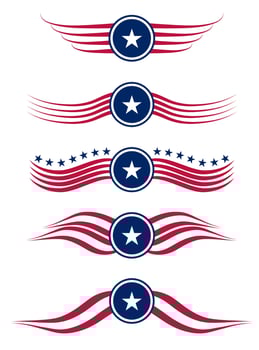 US memorial day, Patriot proud label, American flag and national symbols, United States of America patriotic emblems vector set. National independence day 4th july badges