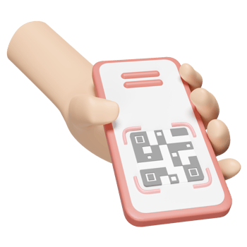 hand holding mobile phone, smartphone 3d fly with qr code scanner isolated. cashless payment, online shopping concept, 3d render illustration png